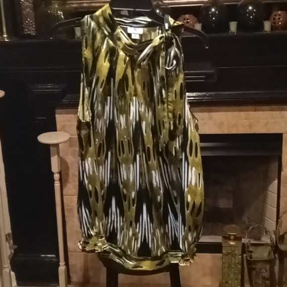 W WORTHINGTON green multi-colored mock tie-up neckline ribbed hem blouse 2X - Picture 3 of 13